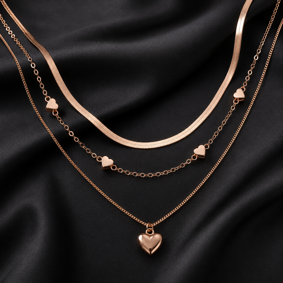 Rose Gold Layered Heart Necklace Set